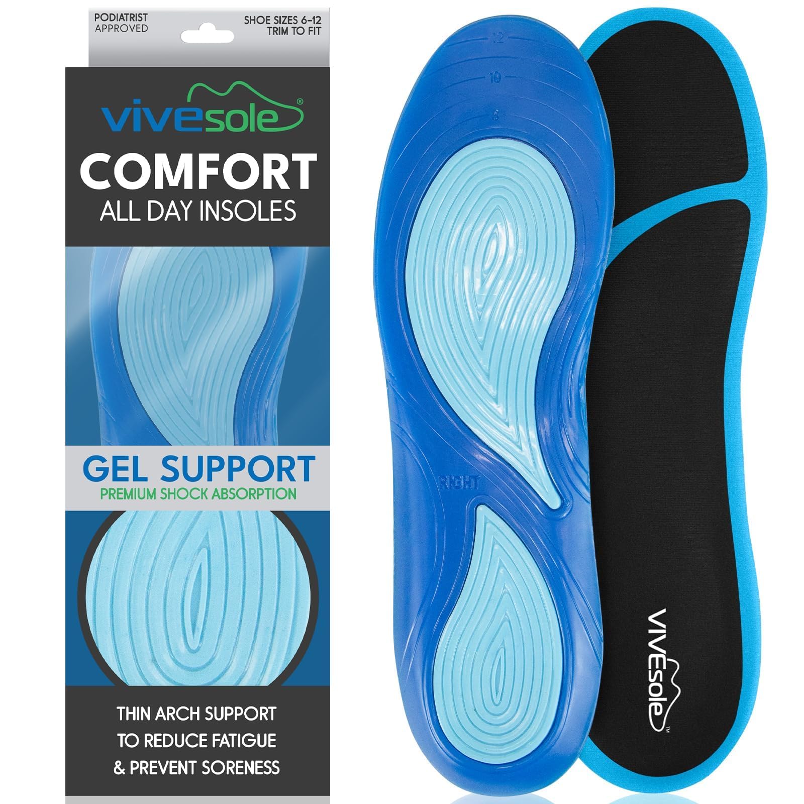 ViveSole gel insole with arch support for all-day comfort.