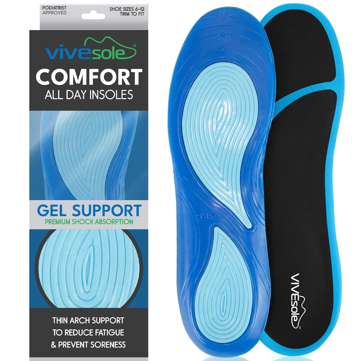 ViveSole gel insole with arch support for all-day comfort.