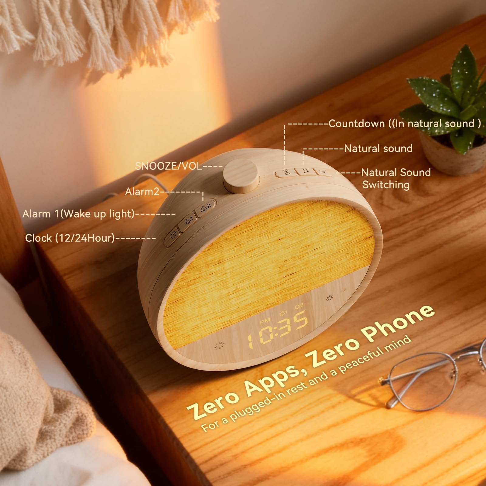 Vivilumens Wood Grain Sunrise Clock bedroom setup as a modern bedside companion