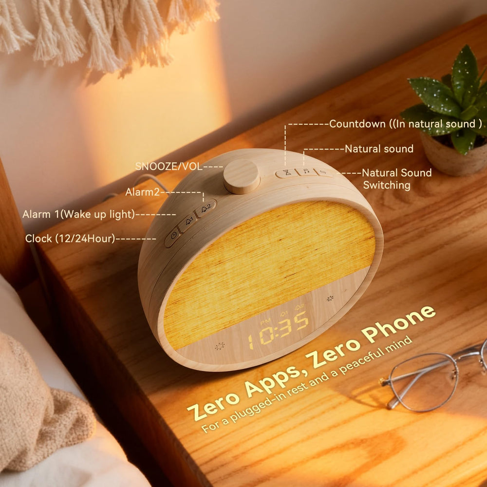 Vivilumens Wood Grain Sunrise Clock bedroom setup as a modern bedside companion