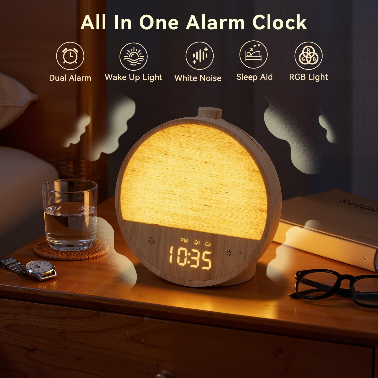 Vivilumens Wood Grain Sunrise Clock showing dawn simulation colors easing waking