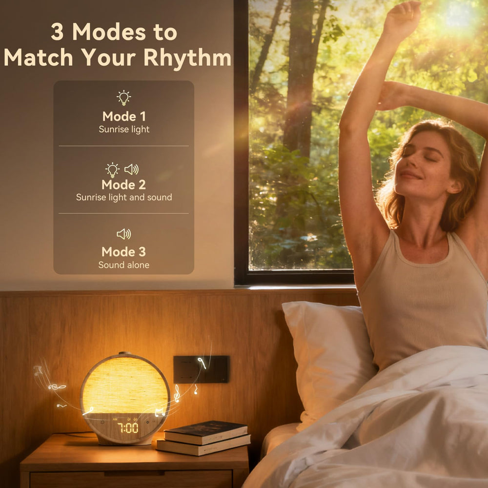 Vivilumens Wood Grain Sunrise Clock dual alarms for separate schedules