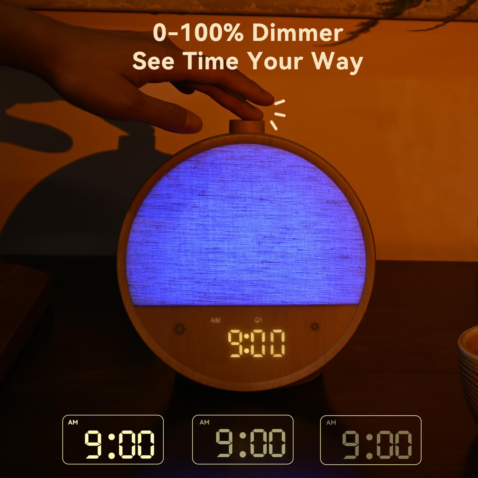 Vivilumens Wood Grain Sunrise Clock night light dimming for soft glow