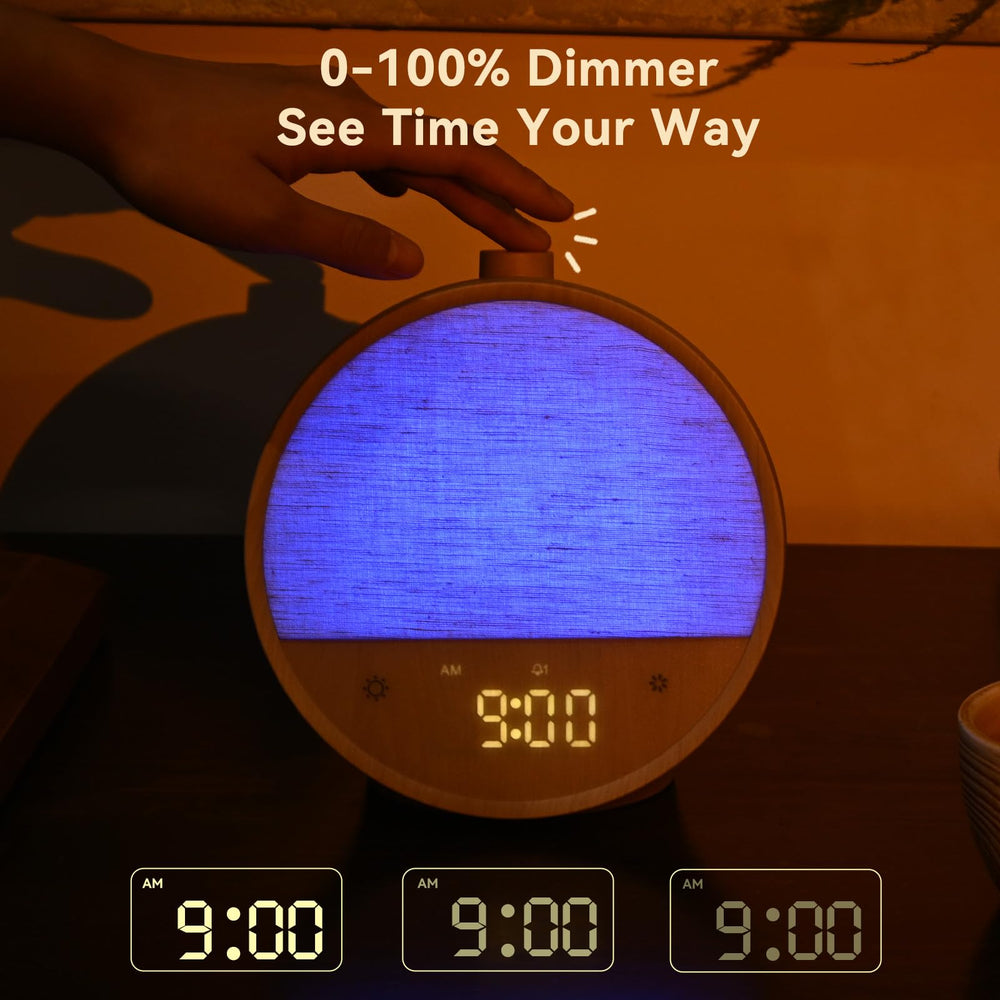 Vivilumens Wood Grain Sunrise Clock night light dimming for soft glow