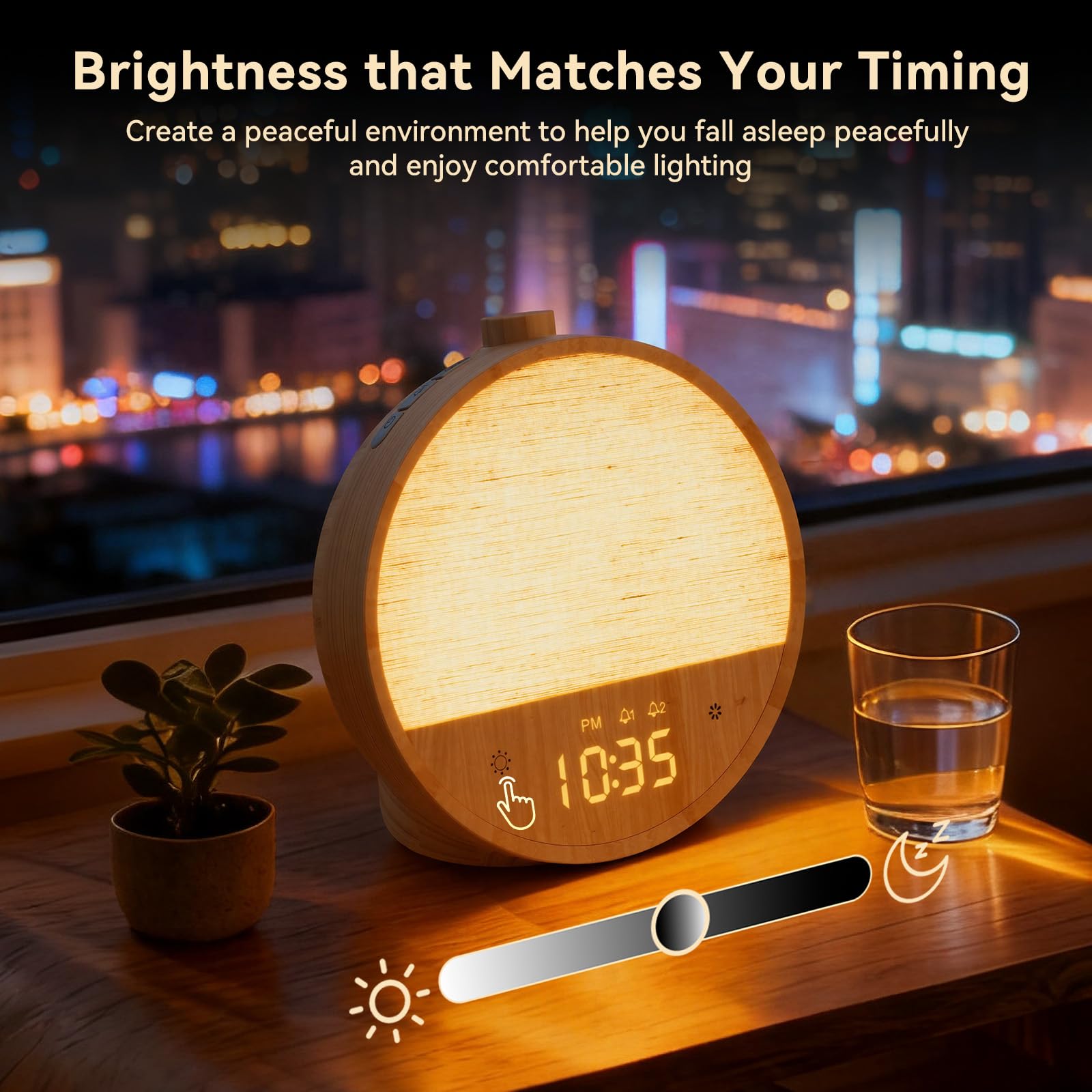 Vivilumens Wood Grain Sunrise Clock white noise options for relaxation