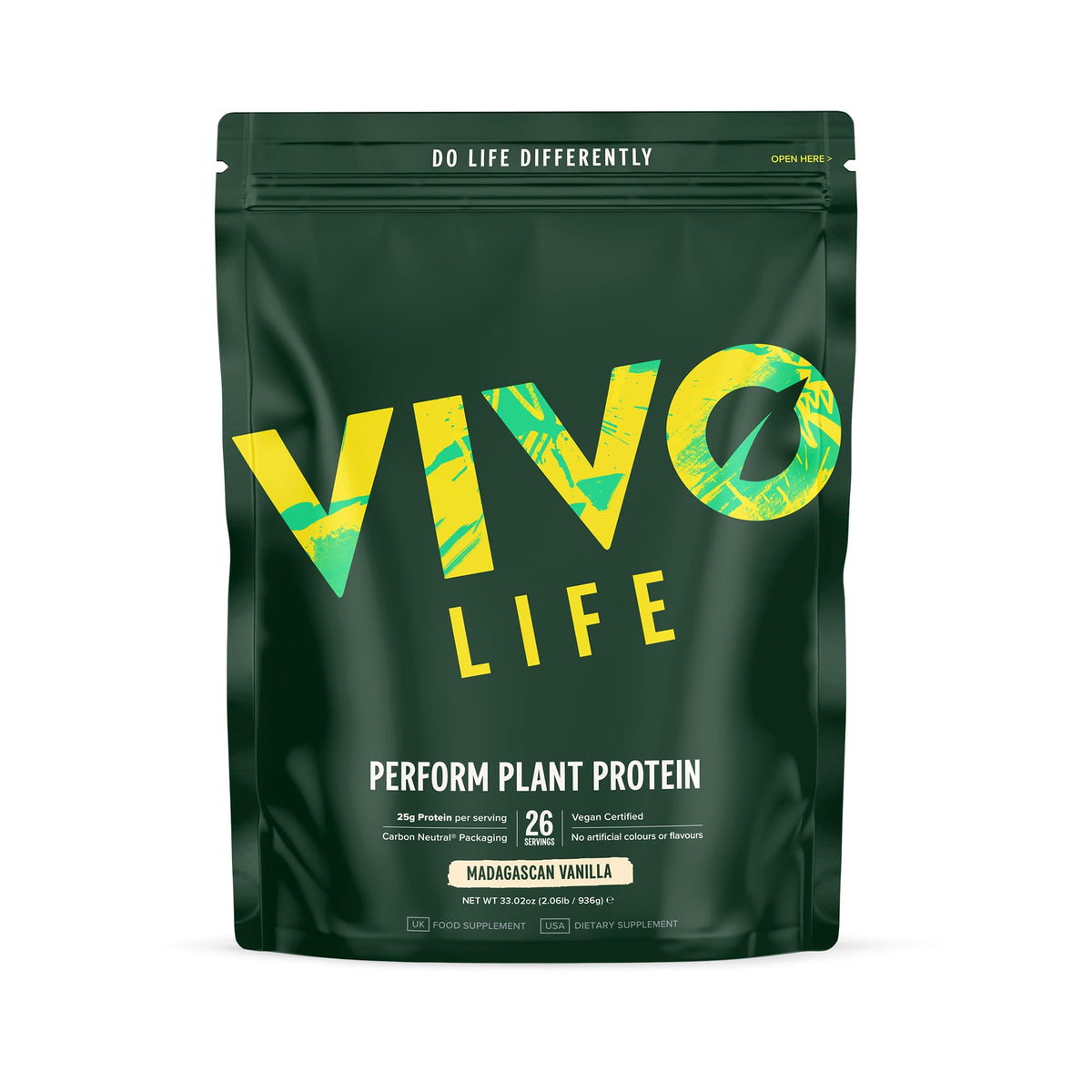 Vivo Life Perform vanilla tub front shows plant-based protein blend for daily fueling