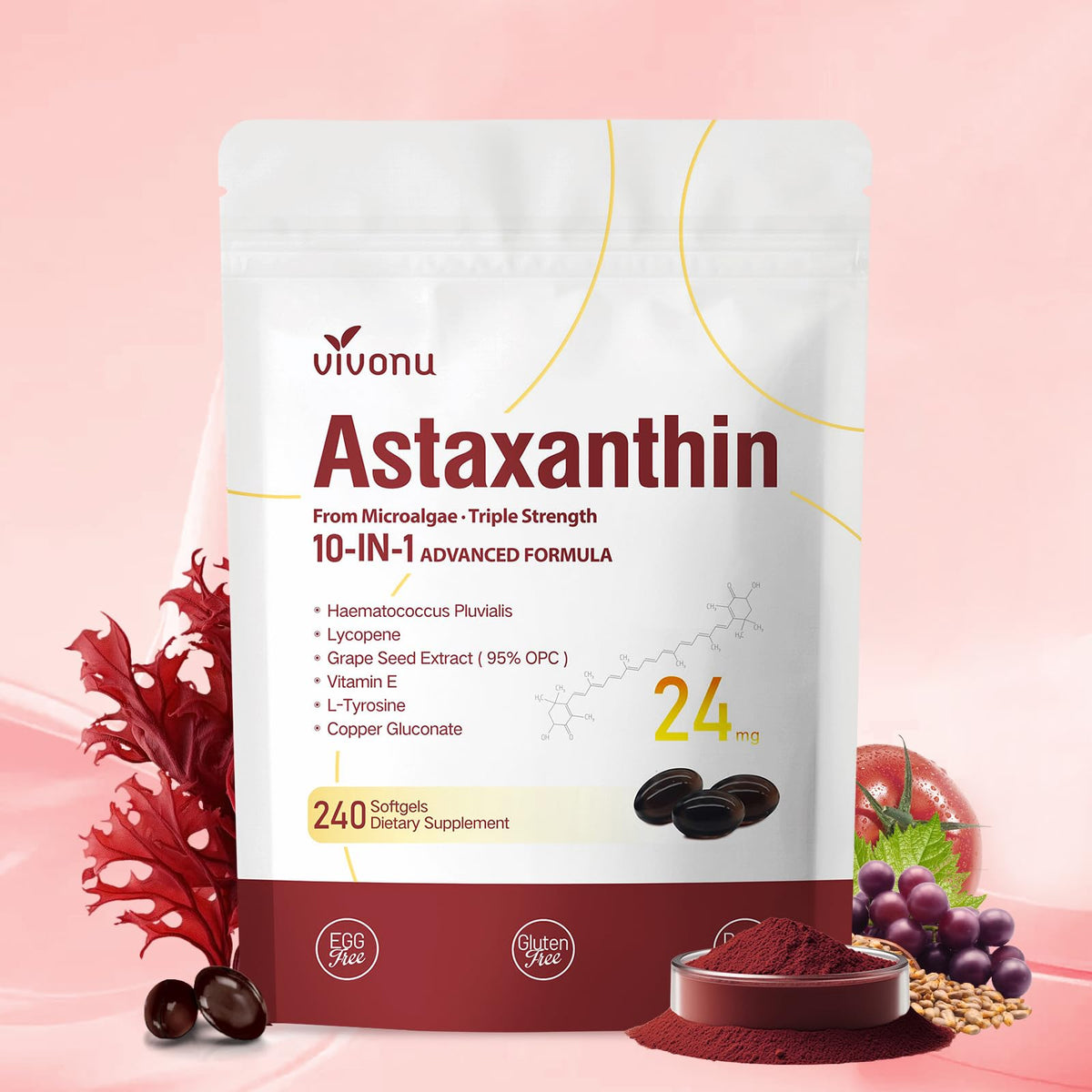 VivoNu 10-in-1 Astaxanthin bottle front view supports antioxidant balance