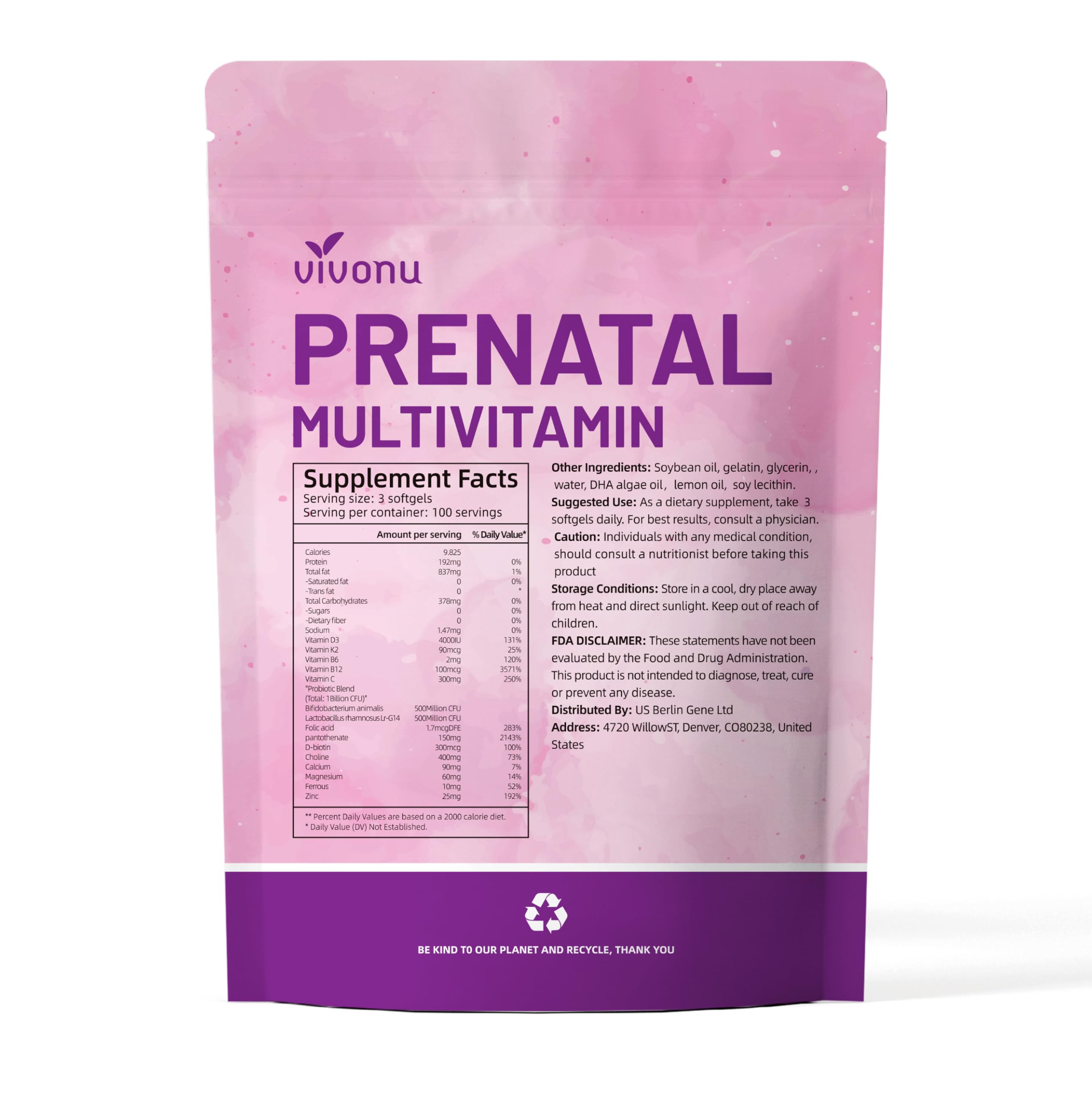 VivoNu 100-day supply packaging makes prenatal care convenient.