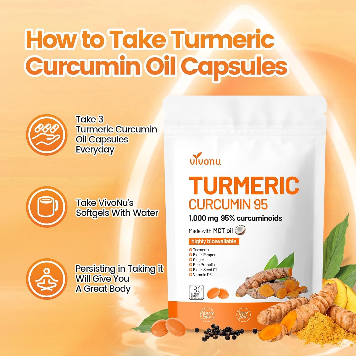 VivoNu 10-in-1 Turmeric Softgels daily-use scene with bottle and glass.