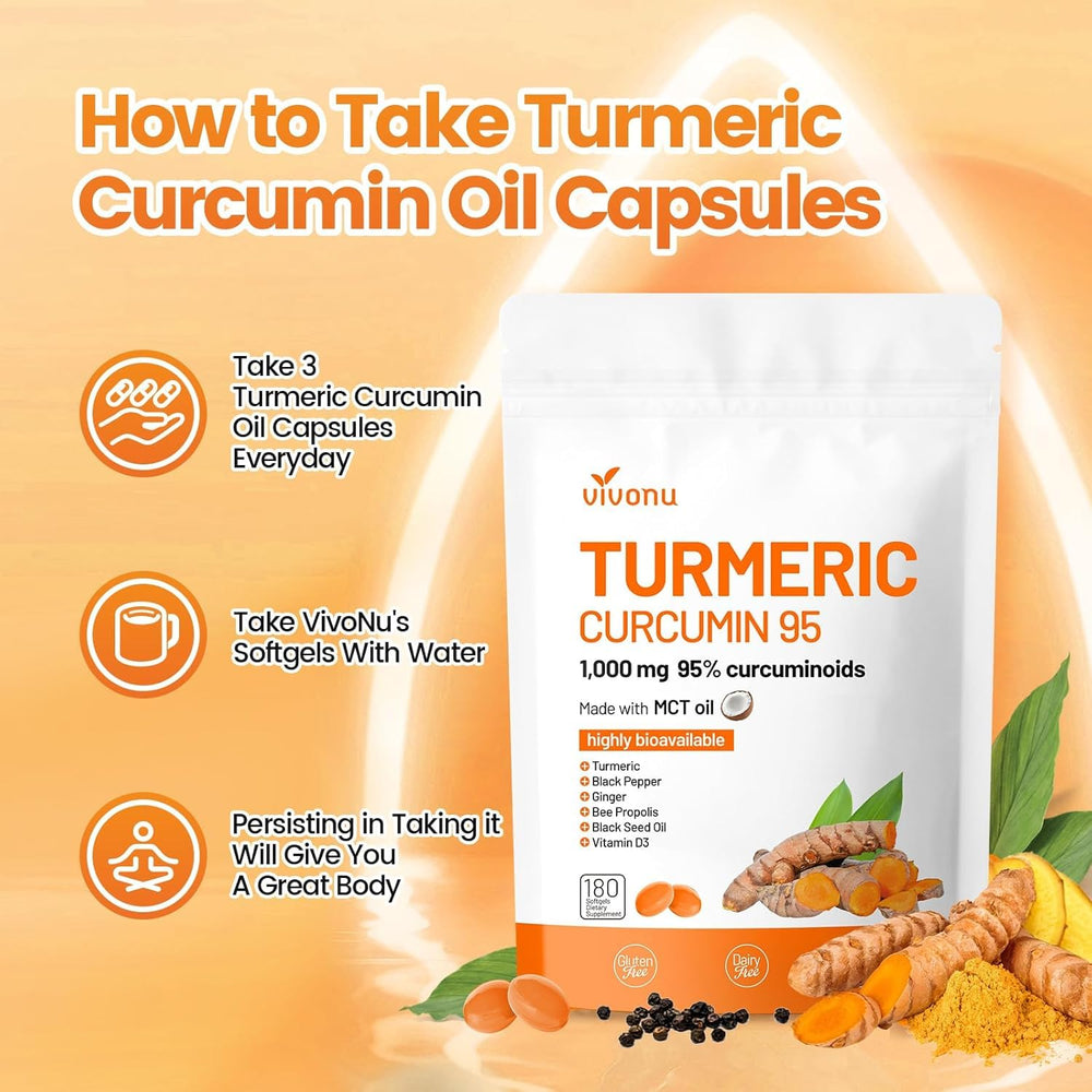 VivoNu 10-in-1 Turmeric Softgels daily-use scene with bottle and glass.