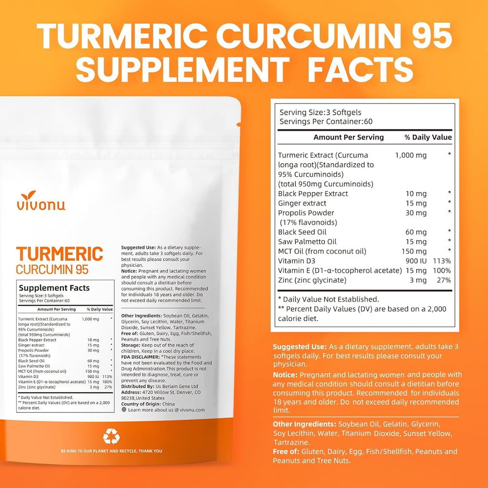 VivoNu 10-in-1 Turmeric Softgels bottle and box communicate non-GMO and gluten-free quality.