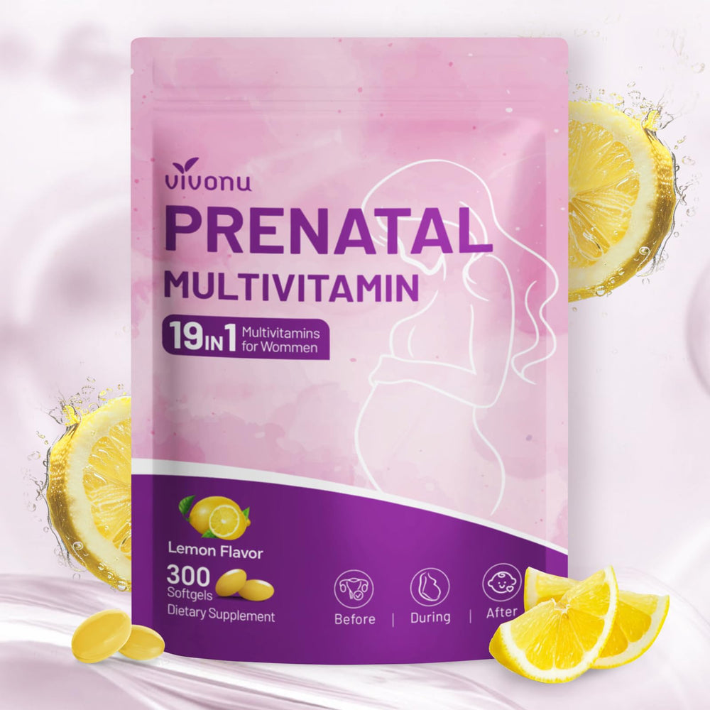 VivoNu 19-in-1 prenatal softgels bottle offers comprehensive daily nutrition for mom and baby.