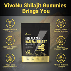 Gummies contain Shilajit resin, Ashwagandha, and Fulvic Acid.