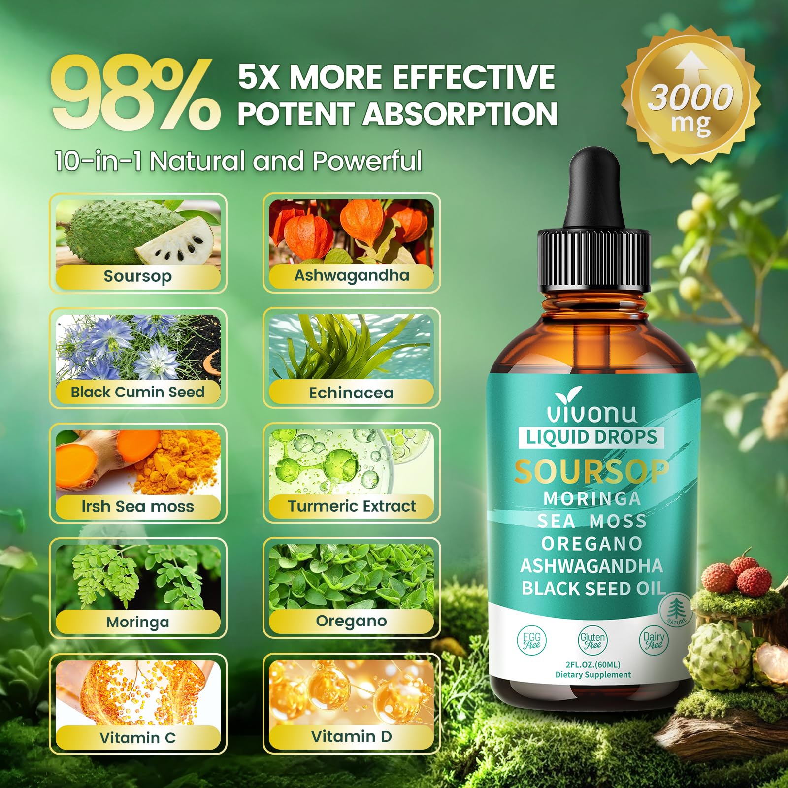 VivoNu Ashwagandha-Moringa-Sea Moss ingredients label showcases a multi-herb blend for daily vitality.