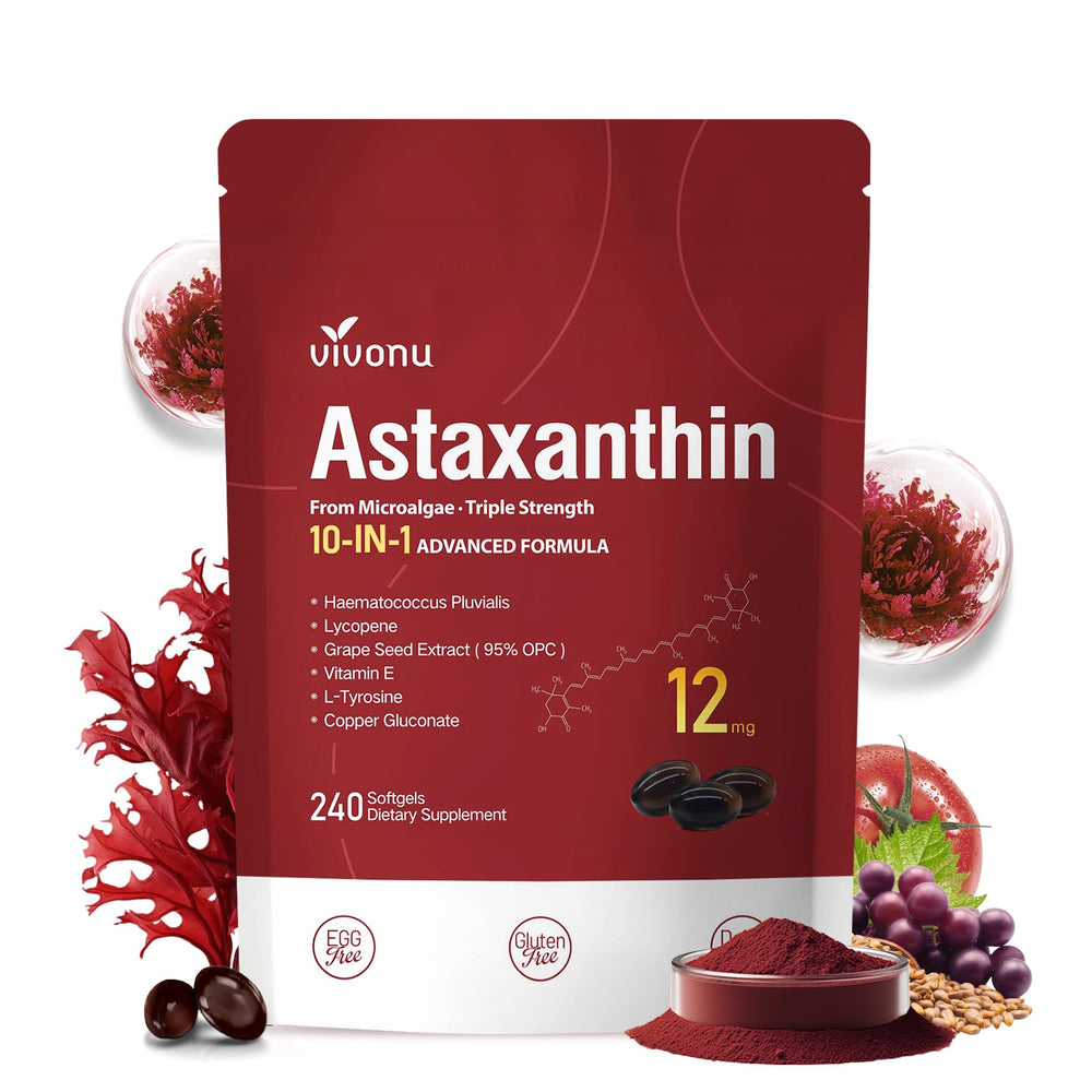 VivoNu Astaxanthin 12mg bottle highlighting high-potency antioxidants for daily eye, skin, and joint vitality.
