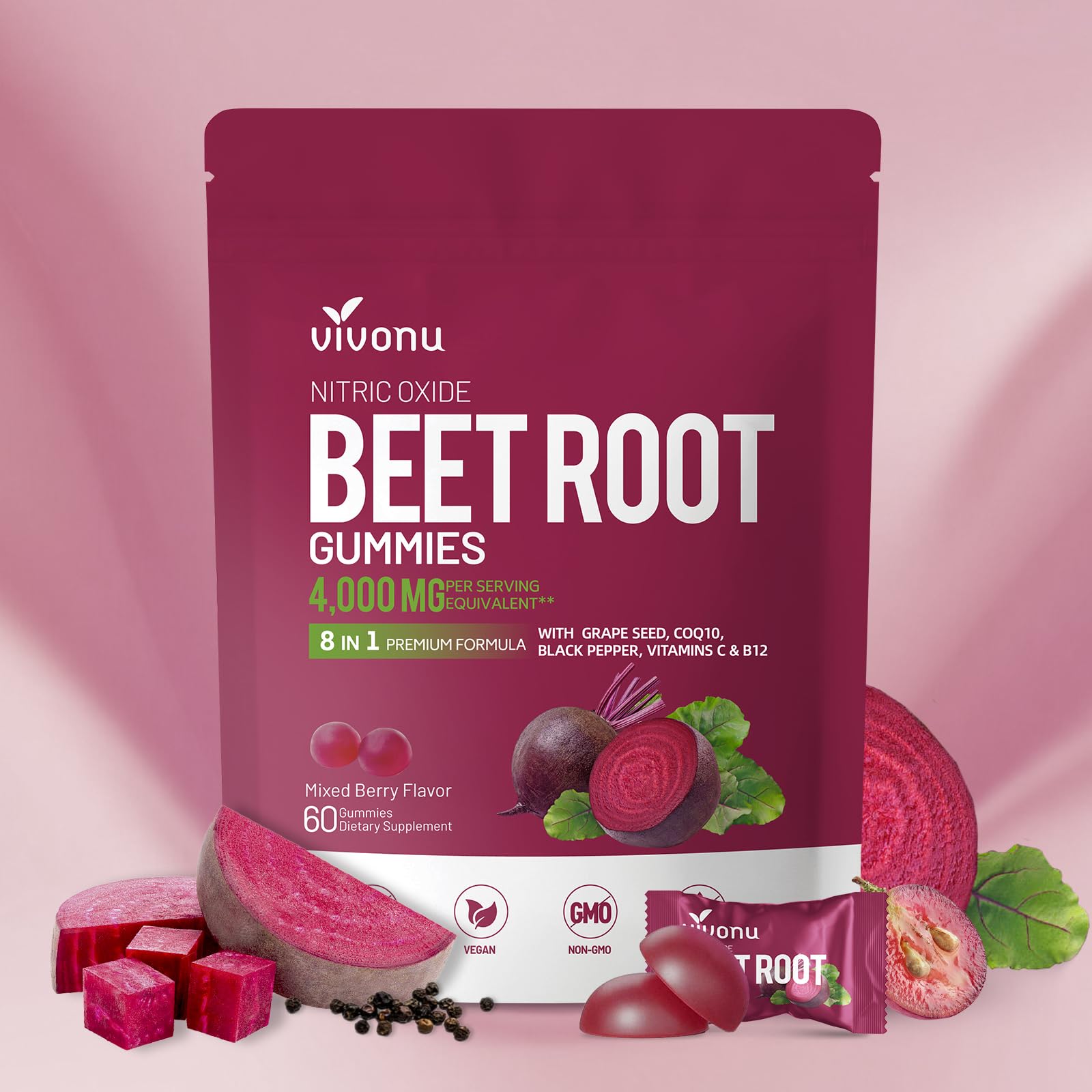 VivoNu Beet Root Gummies bottle showing on-the-go energy support.
