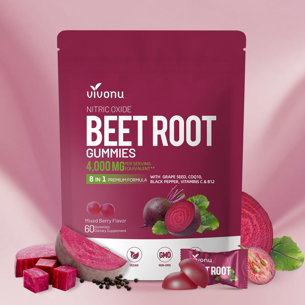 VivoNu Beet Root Gummies bottle showing on-the-go energy support.