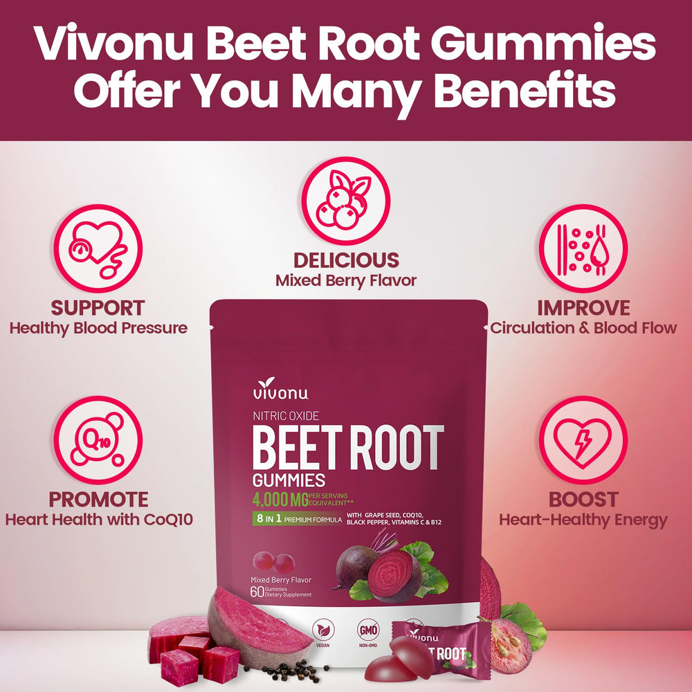 VivoNu Beet Root Gummies close-up shows chewy texture and berry flavor for daily energy.