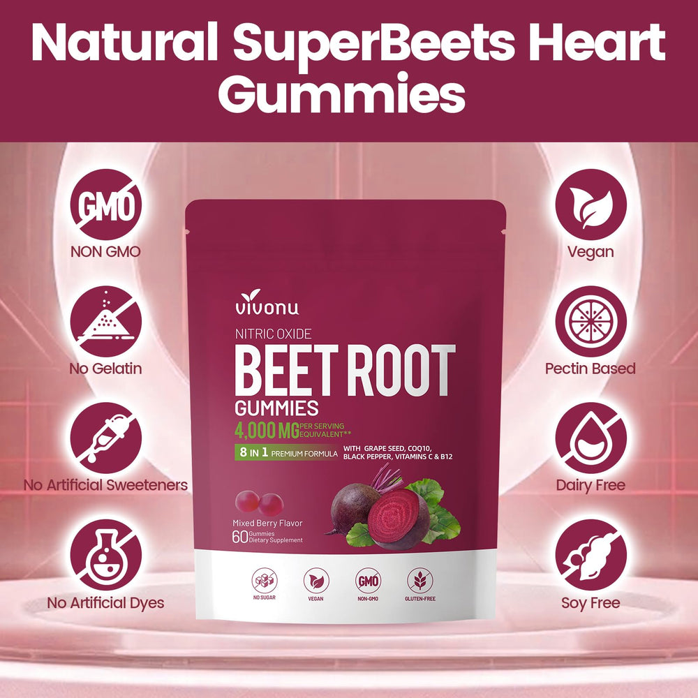 VivoNu Beet Root Gummies ingredients display with beetroot and grape seed