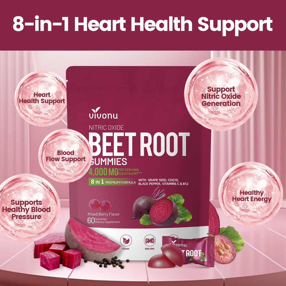 VivoNu Beet Root Gummies packaging on table showing vegan and sugar-free claims