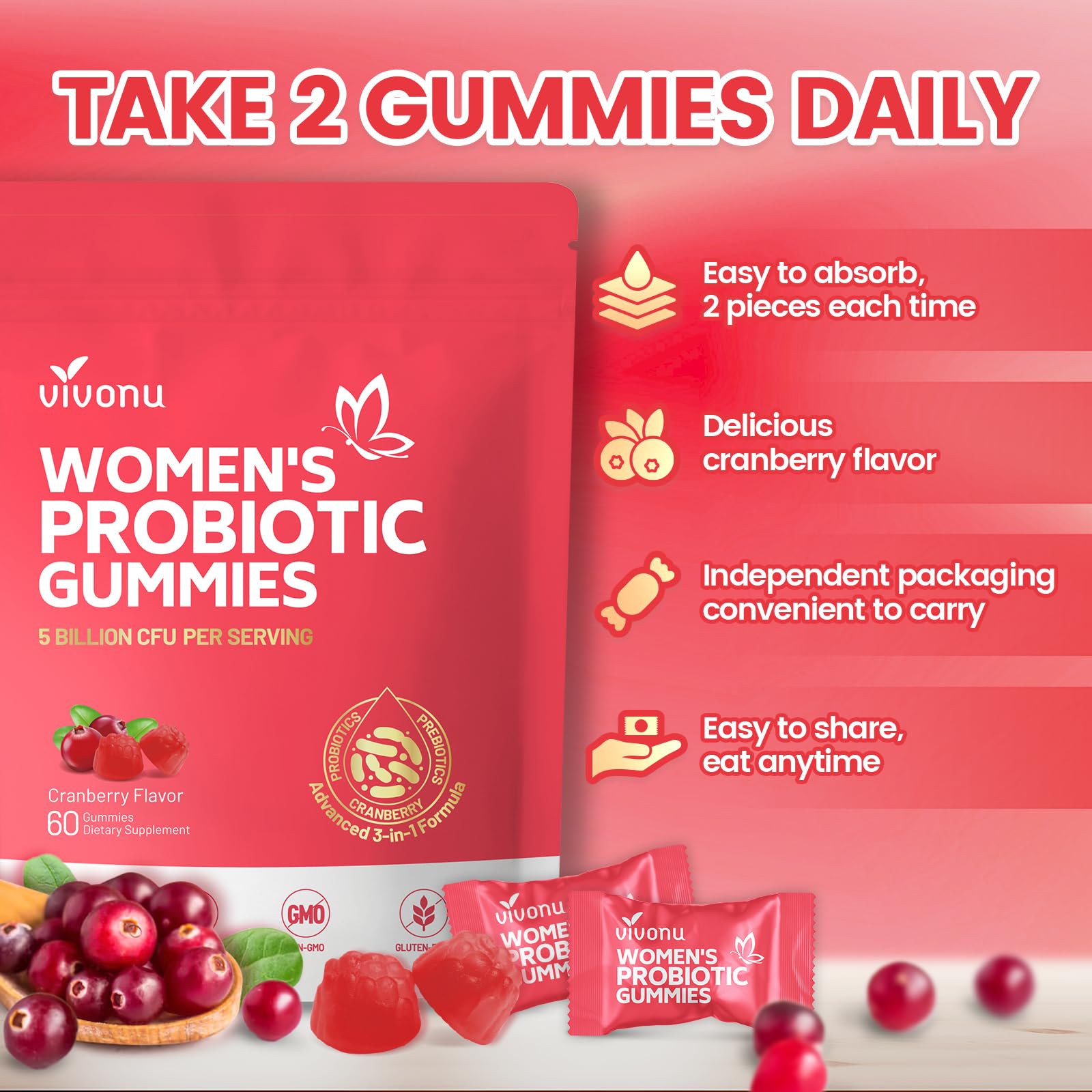 VivoNu bottle and gummies closeup showing premium feminine care product.
