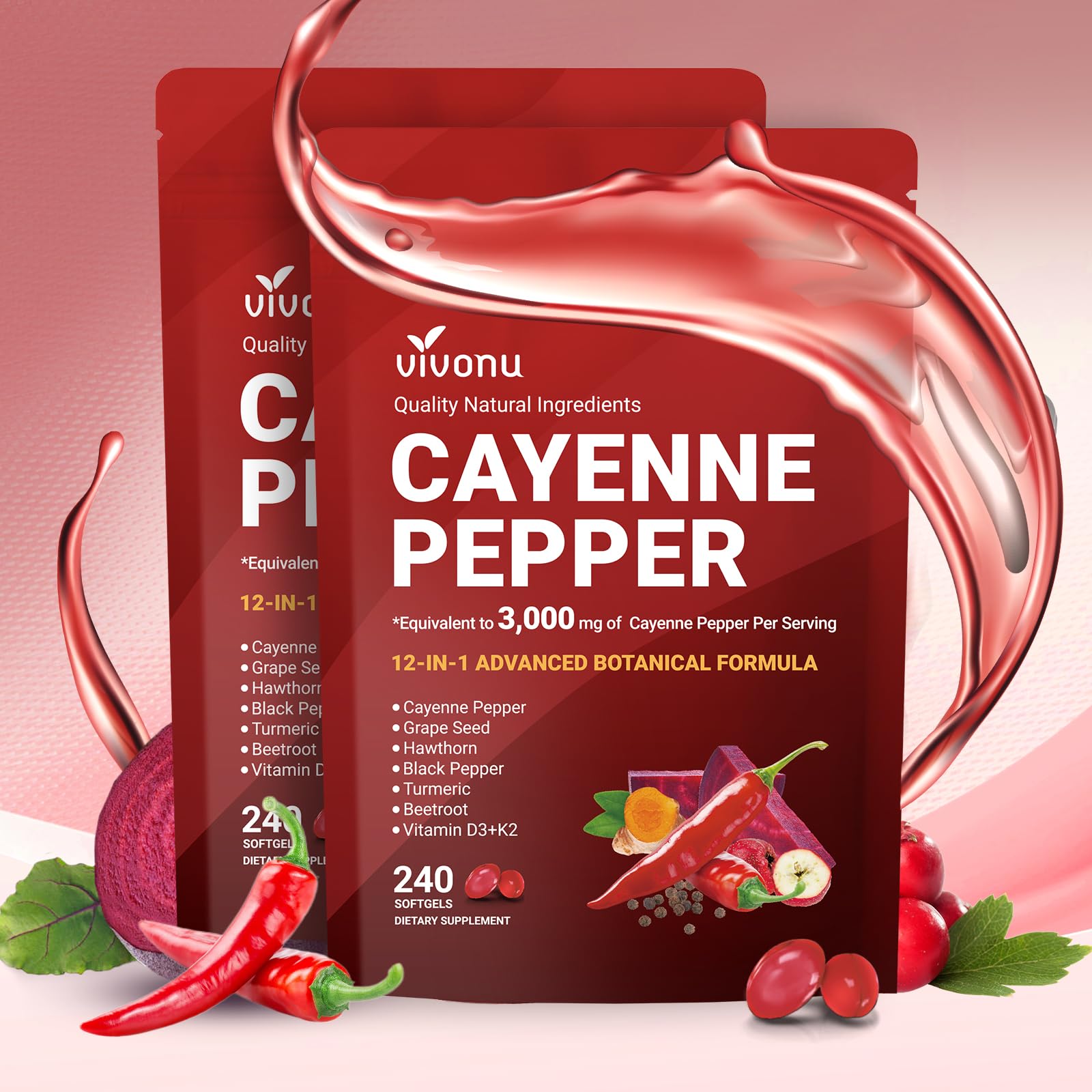 VivoNu Cayenne Pepper Softgels bottle front showing 12-in-1 blend for daily wellness