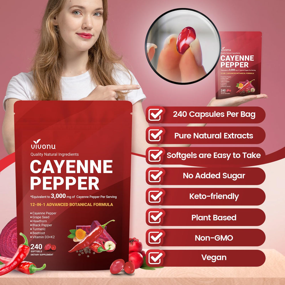 VivoNu Cayenne Pepper softgels in daily routine setup for vitality