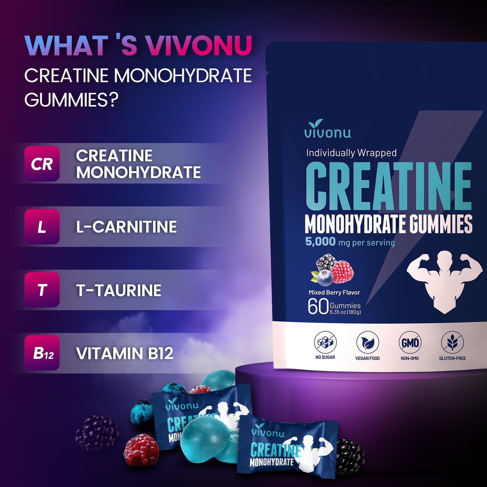 VivoNu Creatine Gummies closeup texture shows chewy consistency