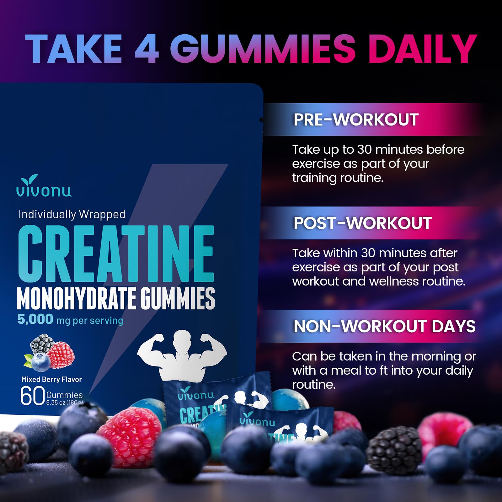 VivoNu Creatine Gummies dispense-pour image for quick daily dosing