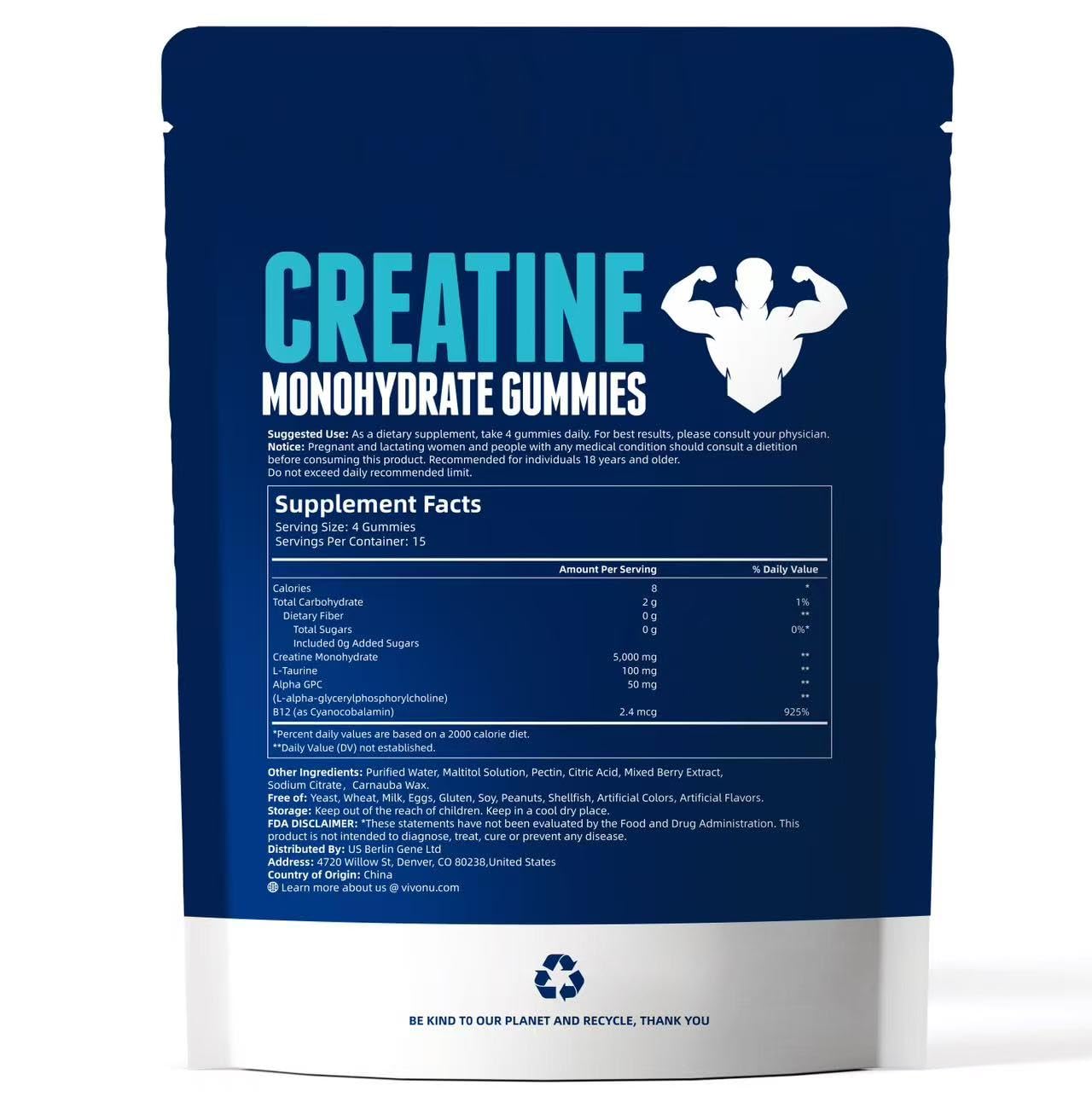 VivoNu Creatine Gummies label nutrition shows ingredient details