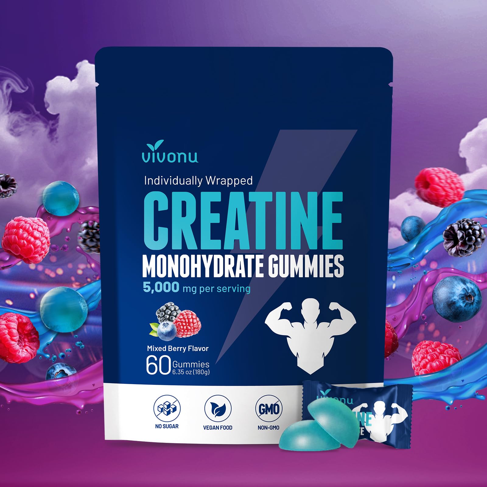 VivoNu Creatine Gummies packaging with resealable pouch for on-the-go fueling