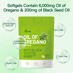 VivoNu Oil of Oregano with Black Seed Oil label closeup highlights ingredients.