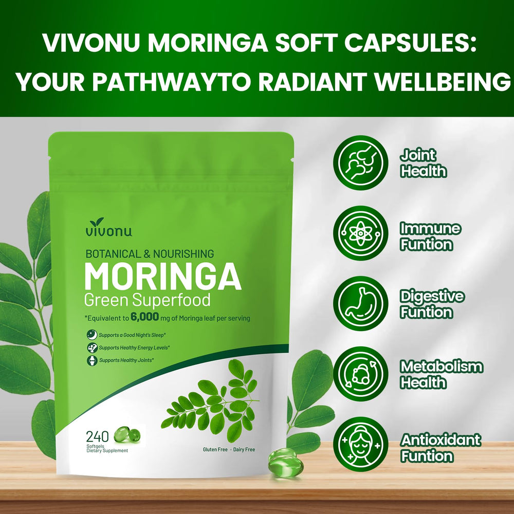 VivoNu Moringa leaf extract capsules highlight natural antioxidants and vitamins.