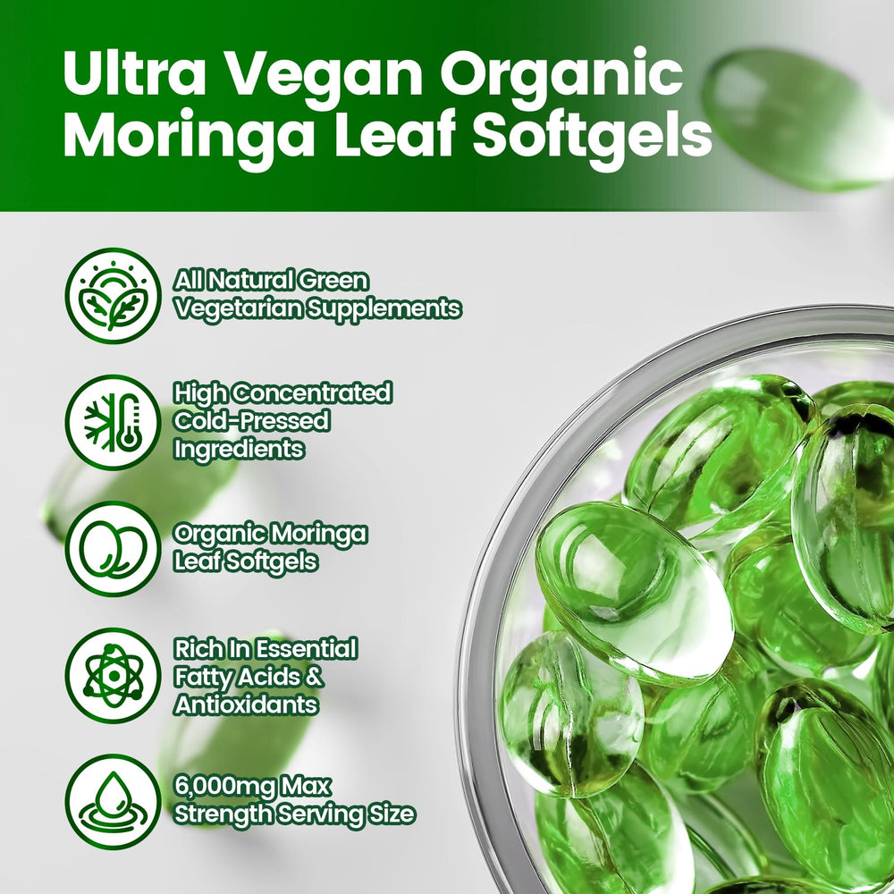 VivoNu Moringa softgel label closeup emphasizes purity and vegan formulation.