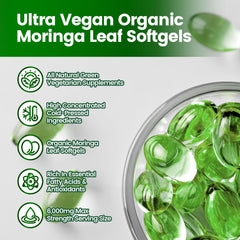 VivoNu Moringa softgel label closeup emphasizes purity and vegan formulation.