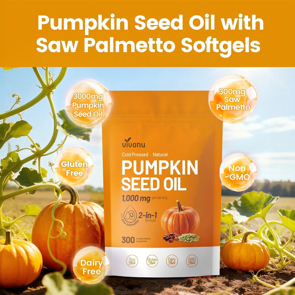 VivoNu bottle shows pumpkin seed oil and saw palmetto blend together.