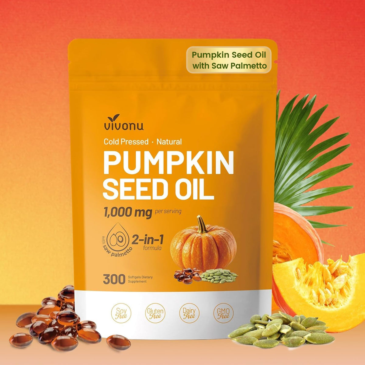 VivoNu pumpkin seed oil capsules in bottle, rich in essential fatty acids for daily wellness.
