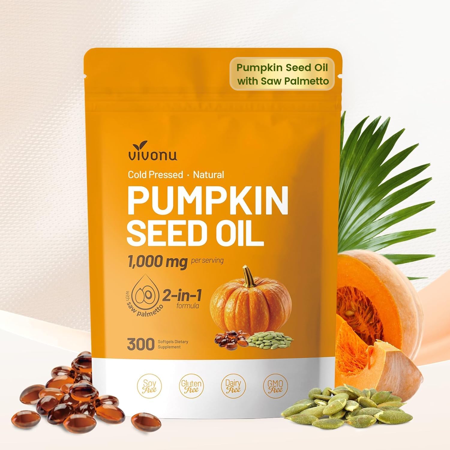 VivoNu pumpkin seed oil softgels bottle for daily wellness.