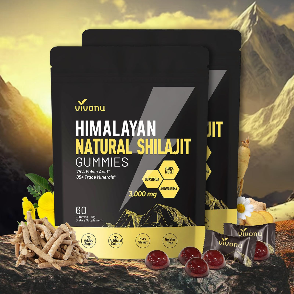VivoNu Pure Himalayan Shilajit Gummies bottle showing a micronutrient blend for daily vitality
