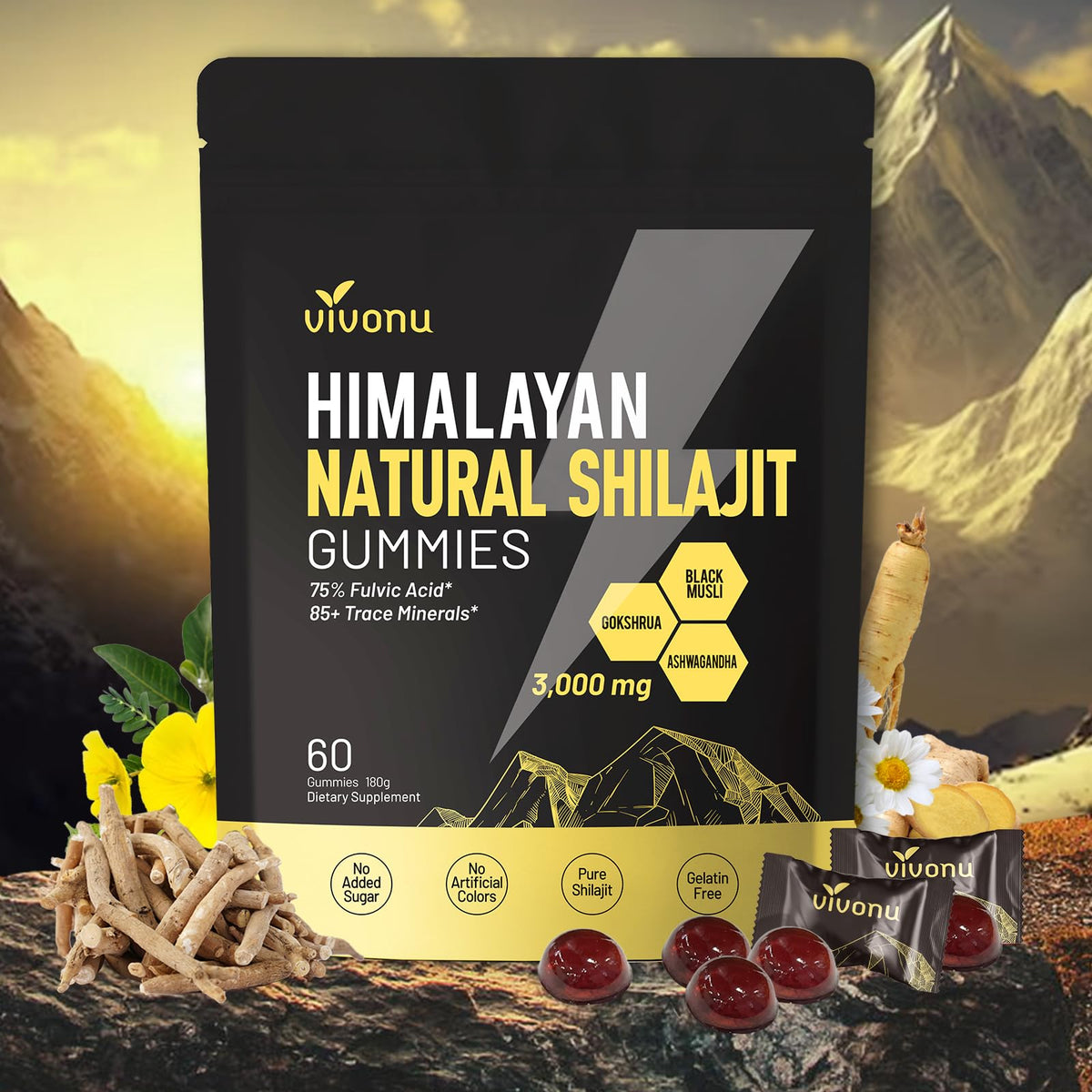 VivoNu Shilajit Gummies bottle highlighting premium packaging for on-the-go vitality.