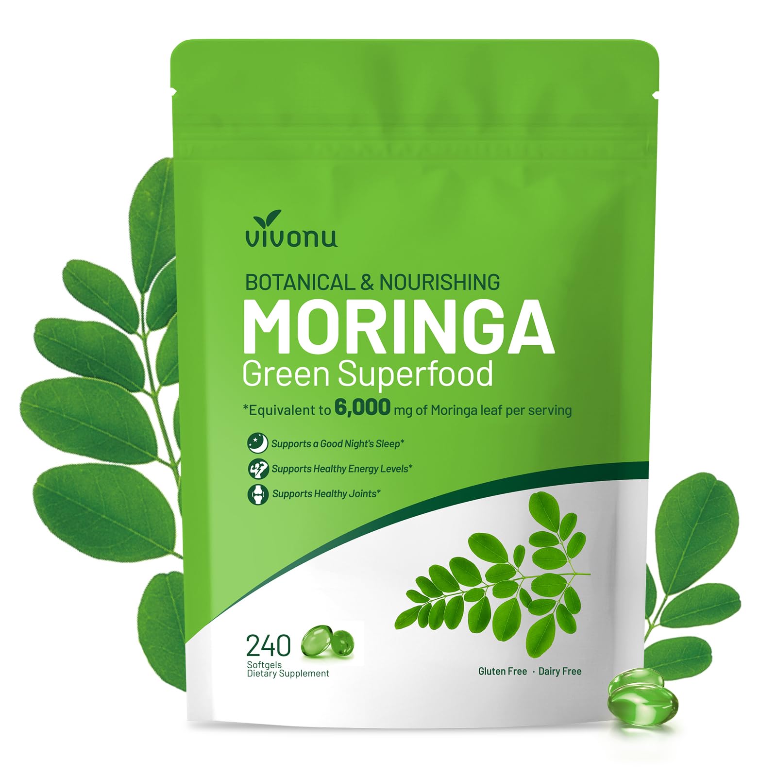 VivoNu Pure Moringa Softgel bottle for daily energy and nutrient support.