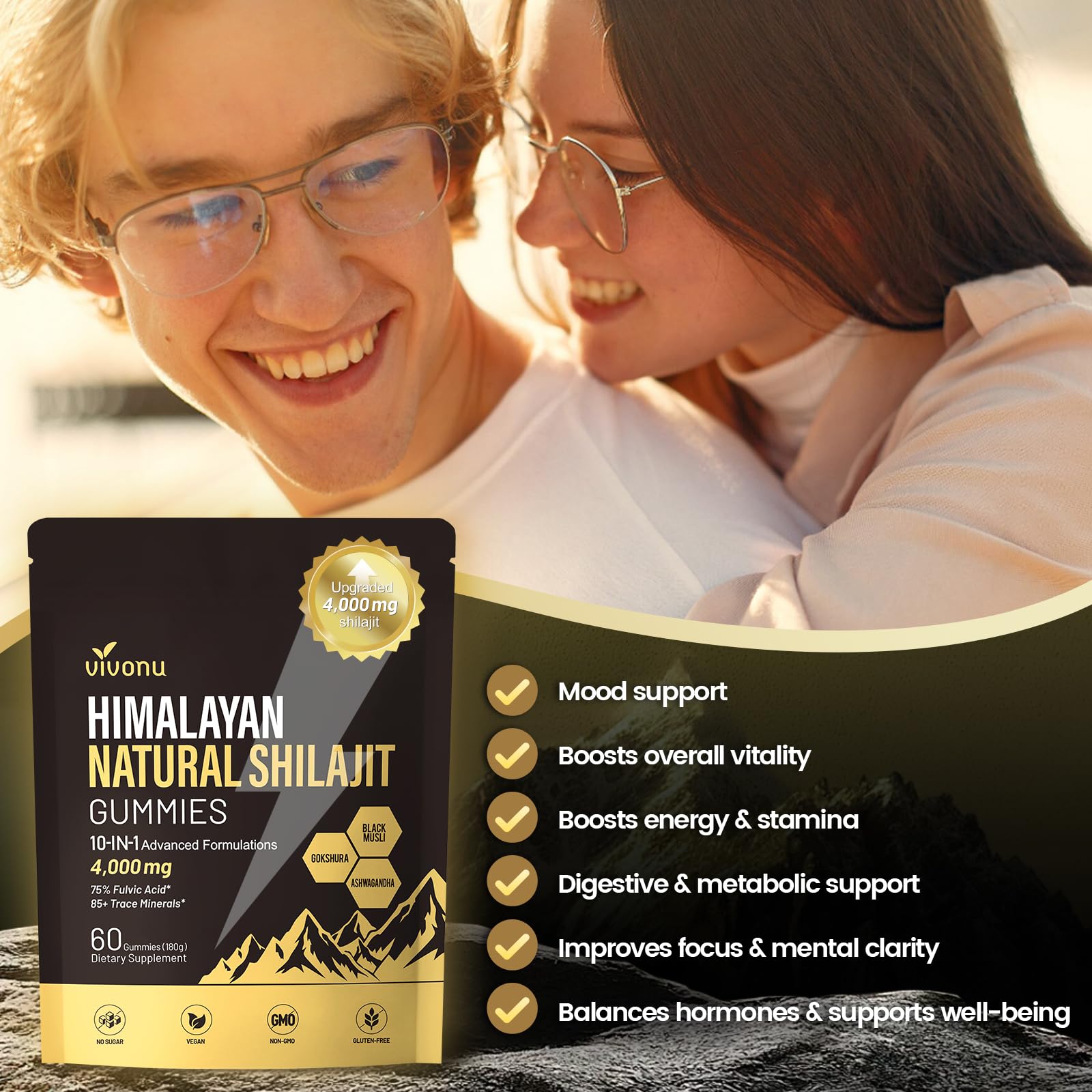 VivoNu Shilajit Gold Gummies in a hand bag for on-the-go energy
