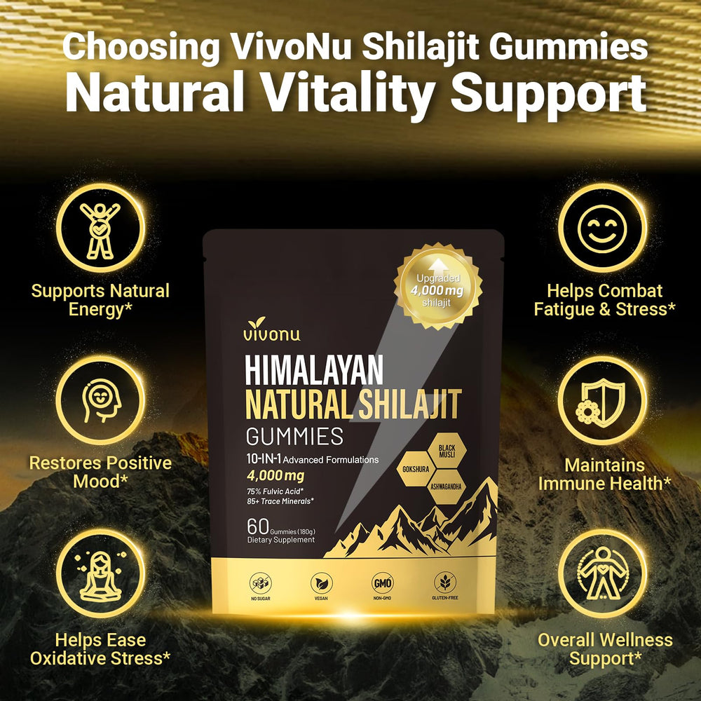 VivoNu Shilajit Gummies label highlighting 4000mg potency and 10-in-1 formula.