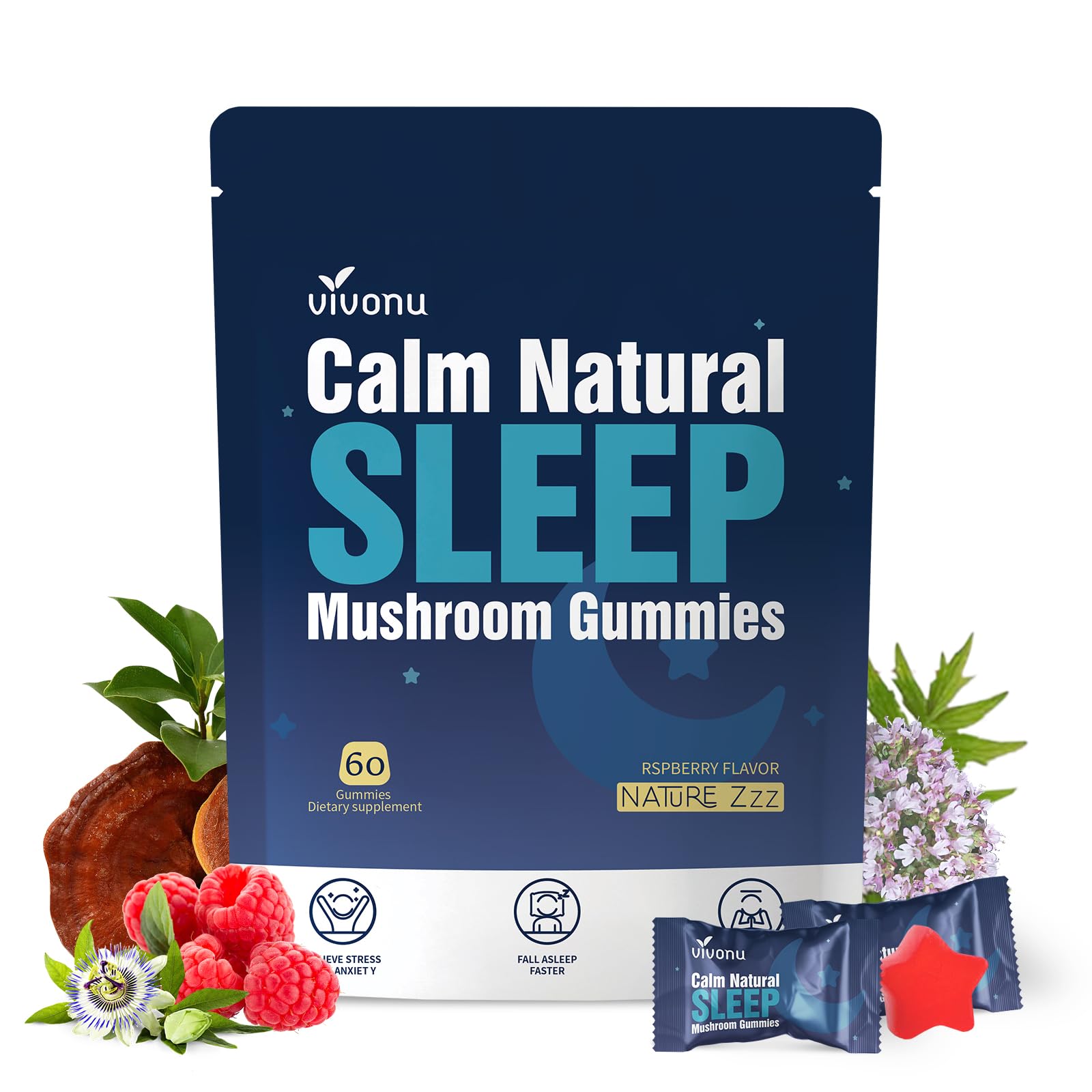 Gummy nightstand scene featuring VivoNu Sleep Gummies for calm