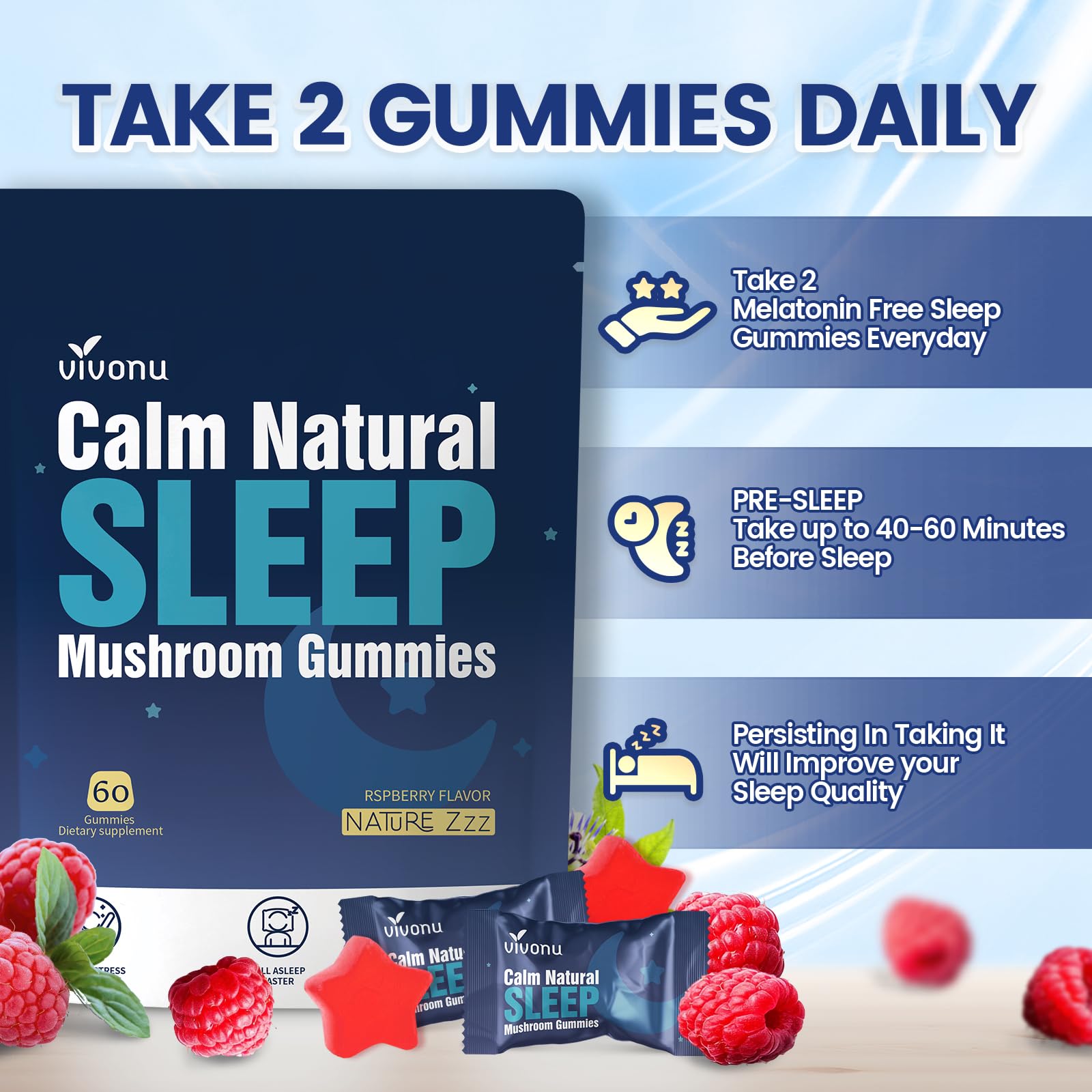 Packaging shows individually wrapped VivoNu Sleep Gummies for travel