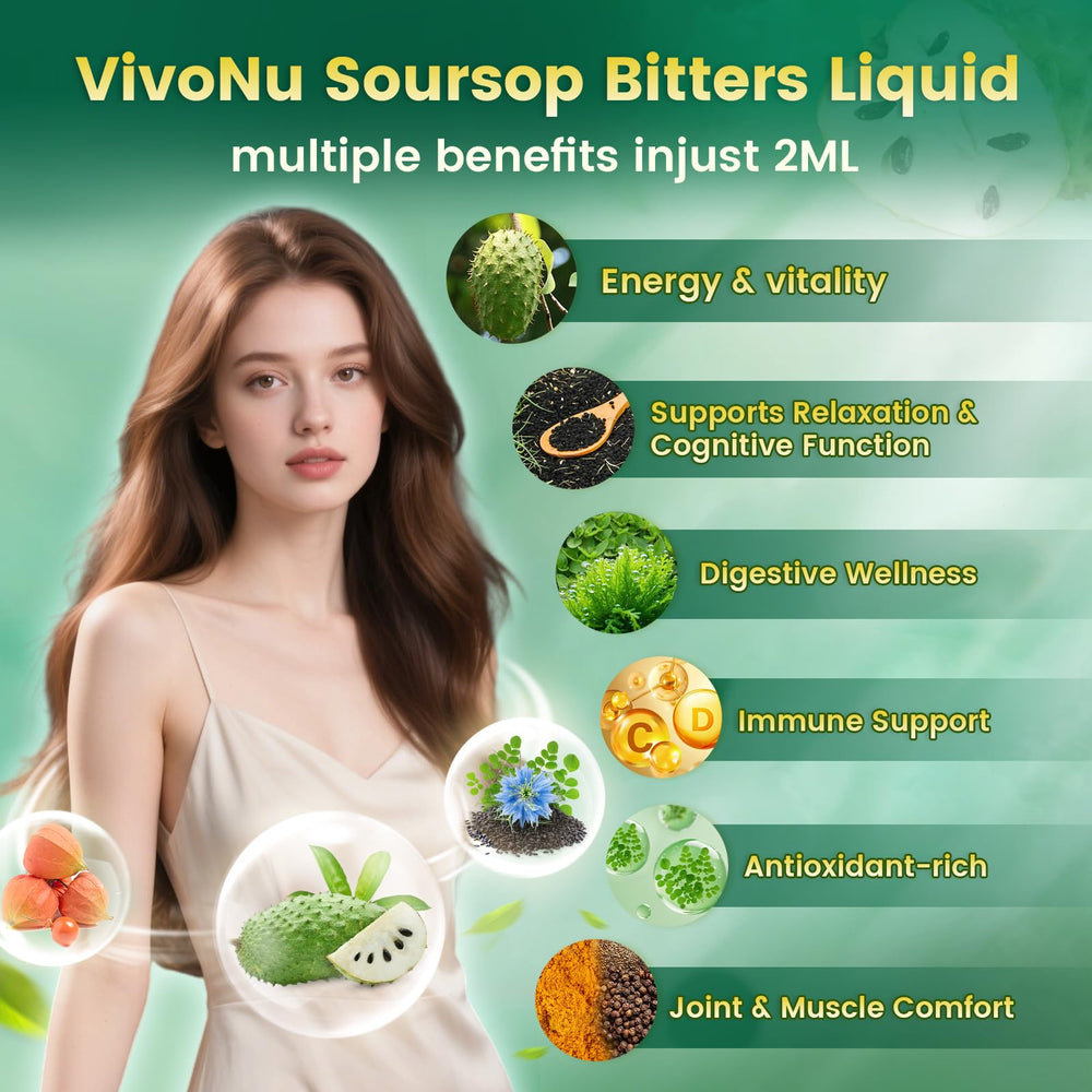 VivoNu soursop drops amber bottle shows high-bioavailability liquid for quick absorption.