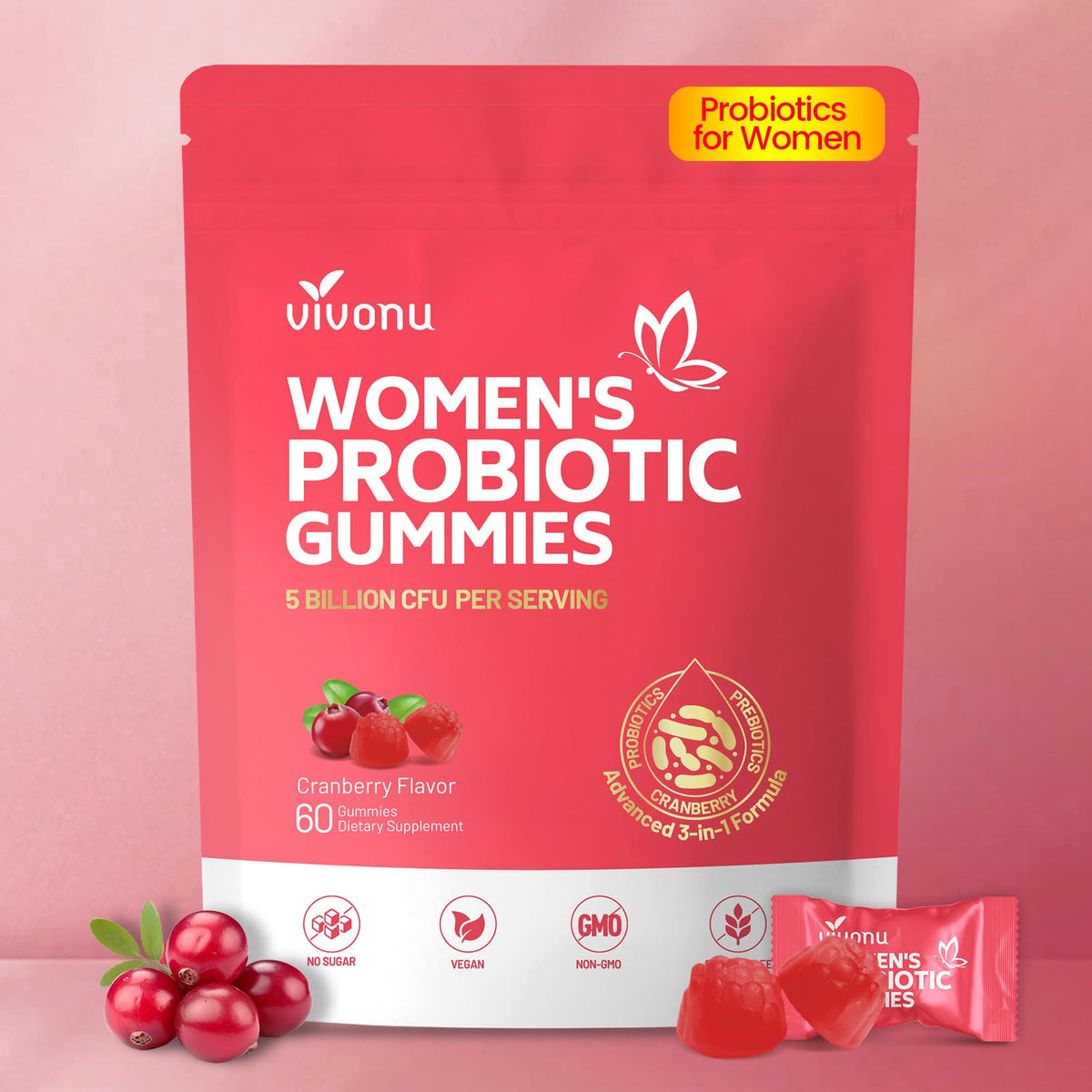 VivoNu Viginal Probiotics bottle promoting daily feminine balance and digestive support.