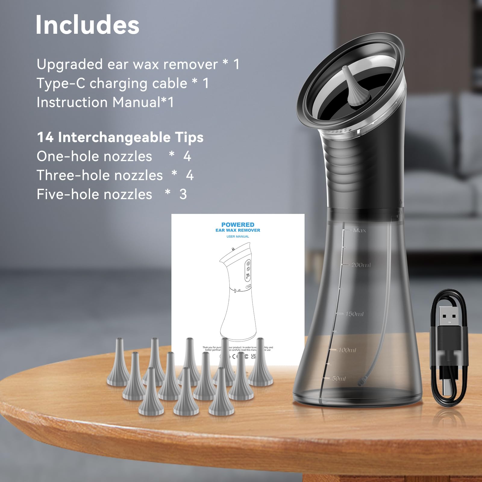 VLINGQI ear wax removal kit includes nozzles and charging cable for complete setup