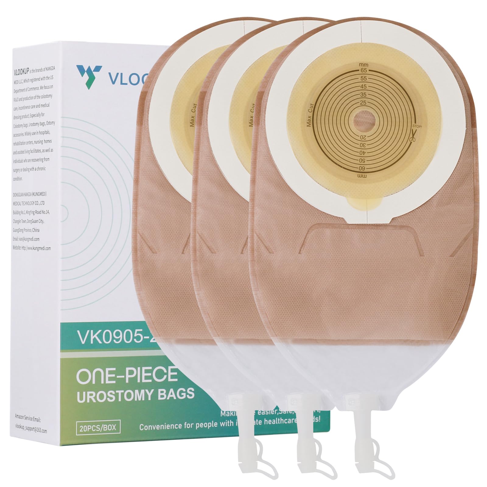 Vlookup urostomy bag 20-pack packaging with measure card for sizing.