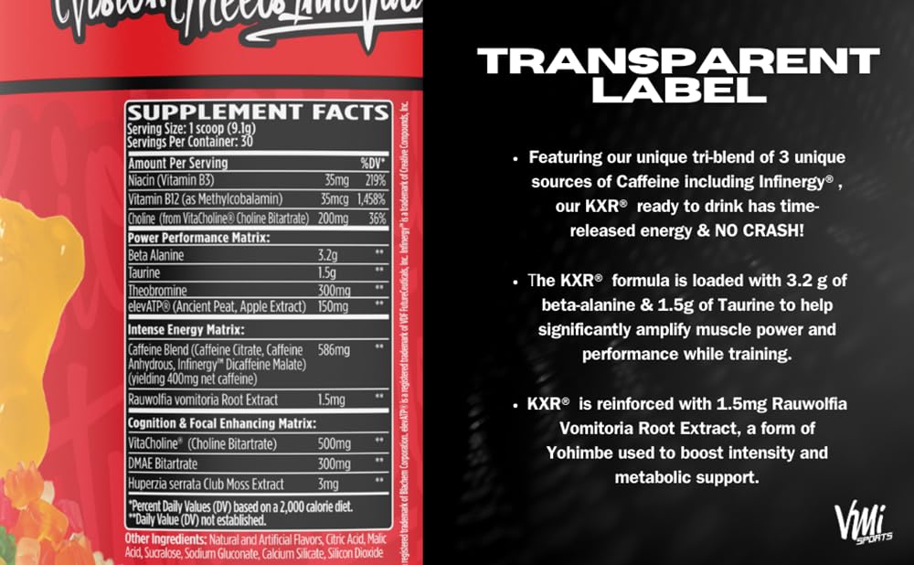 VMI Sports KXR gummybear flavor label highlighting caffeine and energy benefits.